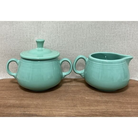 Homer Laughlin Fiesta Sea Mist Mint Green Sugar Bowl w Lid Creamer Set USA - Picture 1 of 7